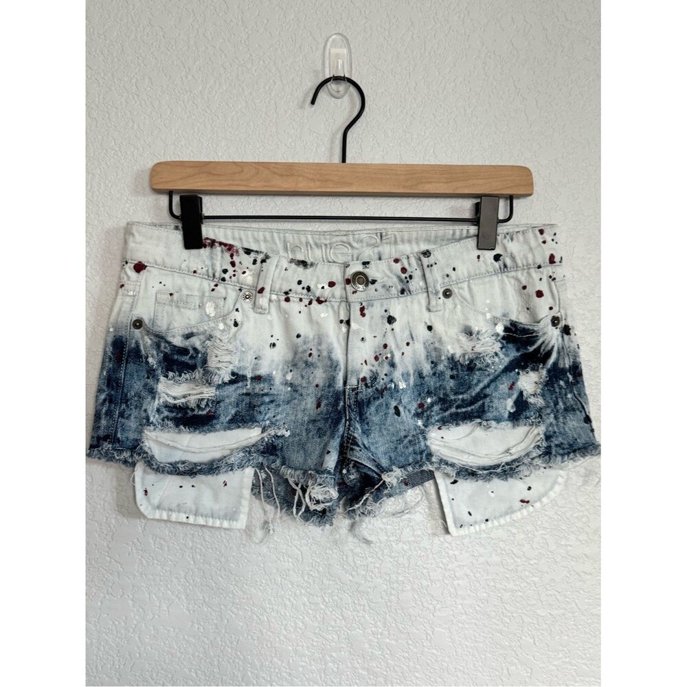 Rue21 Bleached Y2K Micro Shorts with Paint-Splatter - Red/White/Blue - Size 3/4